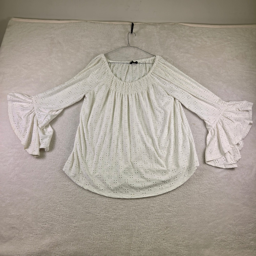 Melissa Paige White Eyelet Smocked Bell Sleeve Boho Blouse Top